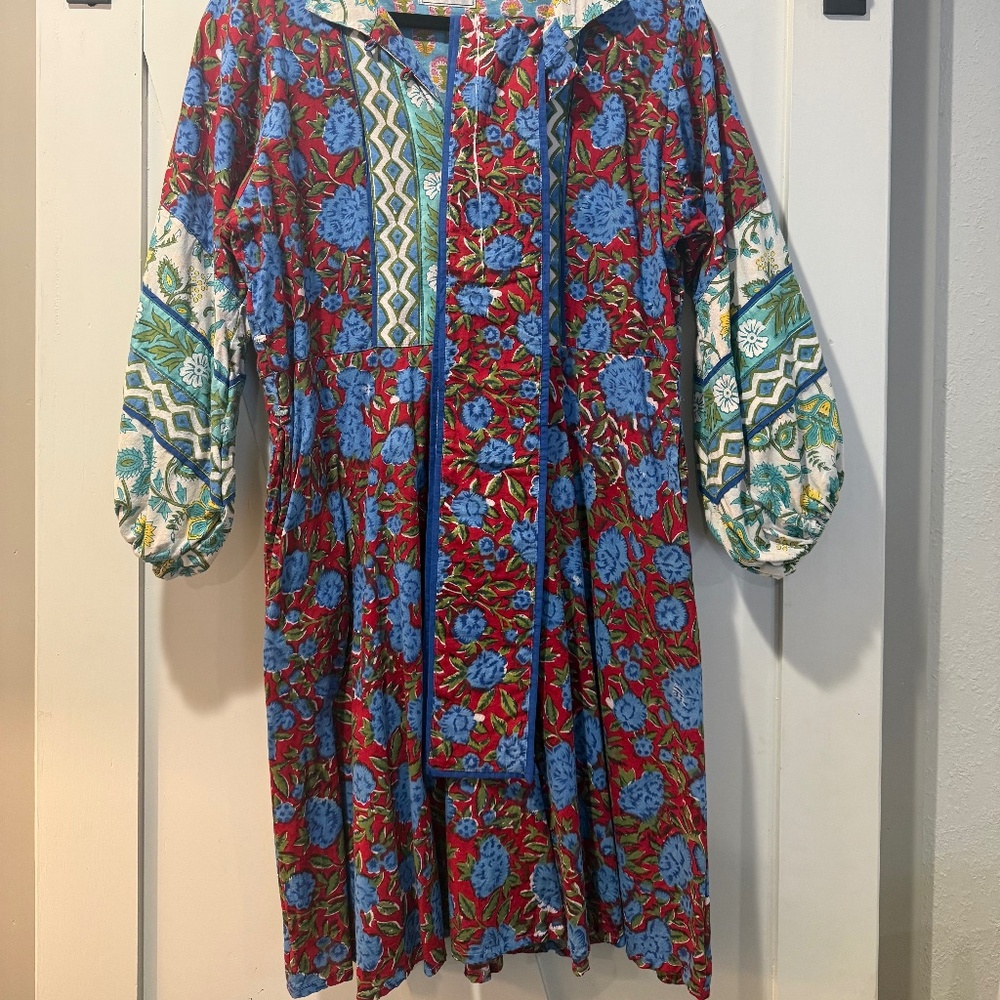Sue Sartor Flounce Dress Size M – Vibrant Hand-Block Print Floral cotton, puff s